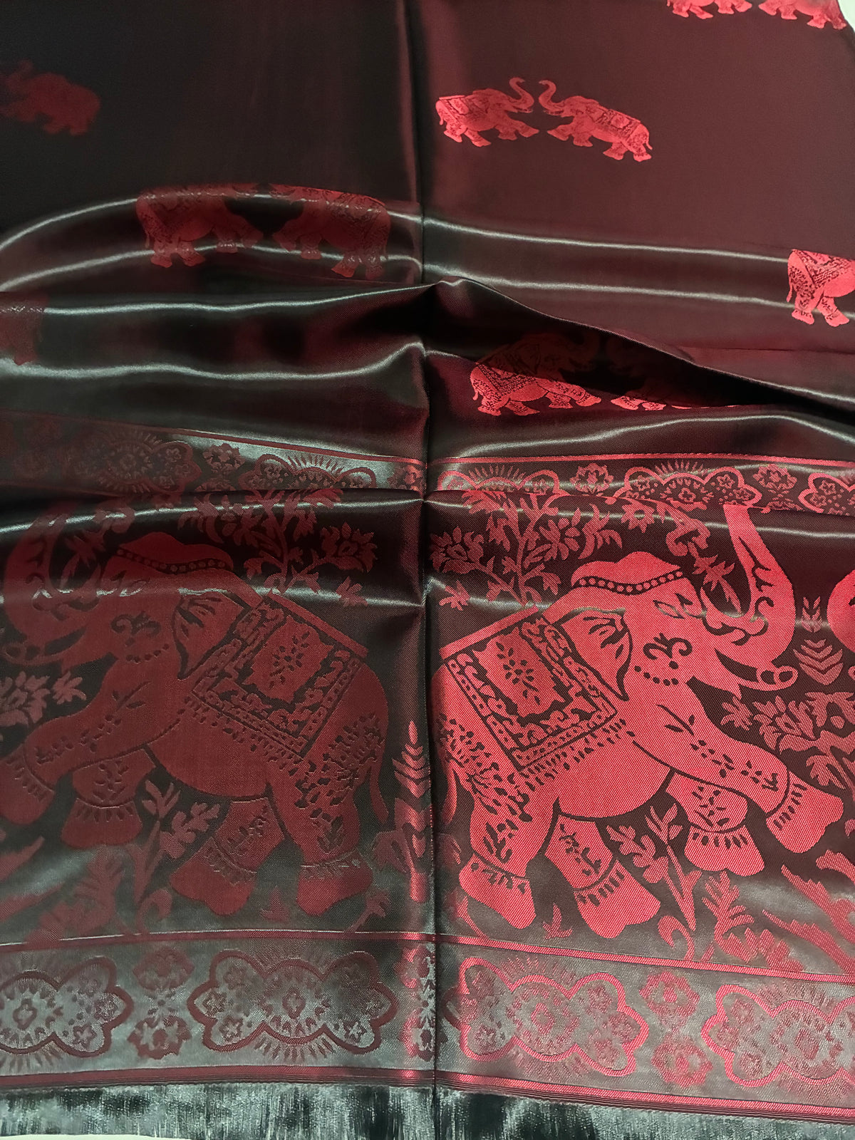 Reversible Burgundy & Black Silk Elephant Motif Scarf