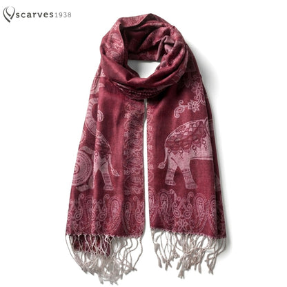Burgundy Pashmina Elephant Scarf Thailand Tribal Turban