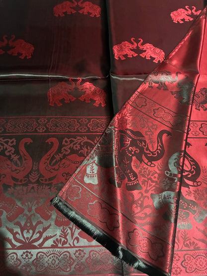 Reversible Burgundy & Black Silk Elephant Motif Scarf