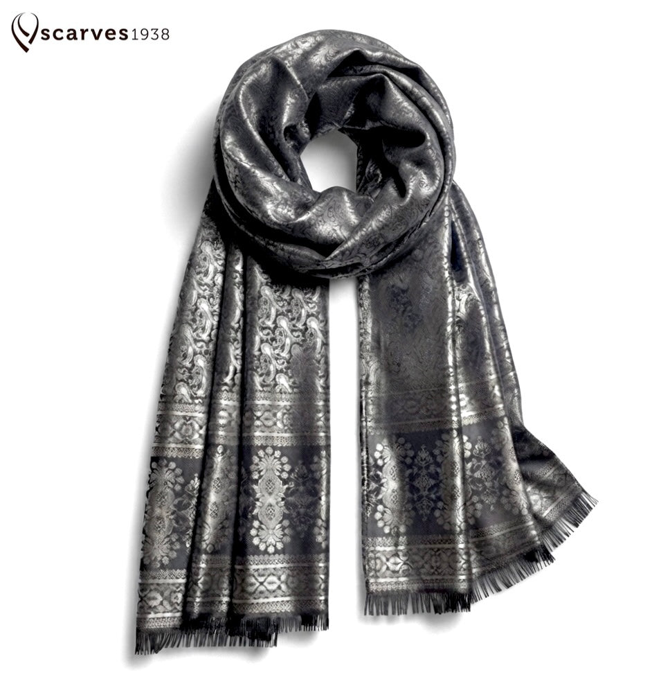 Silver Paisley Silk Scarf - Elegant Reversible Boho Shawl - Unisex Bridal Wrap