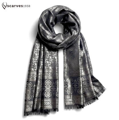 Silver Paisley Silk Scarf - Elegant Reversible Boho Shawl - Unisex Bridal Wrap