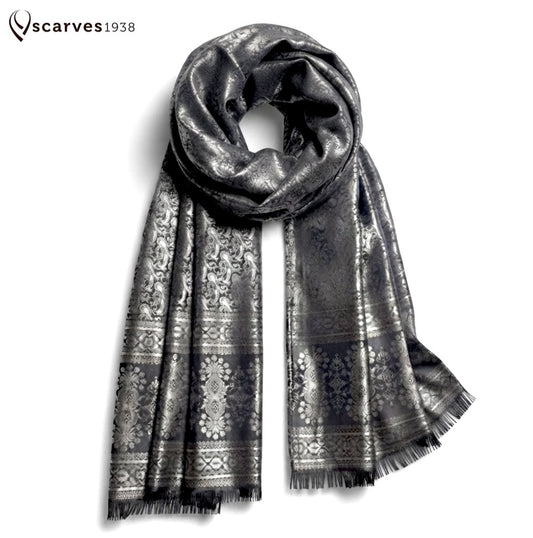 Silver Paisley Silk Scarf - Elegant Reversible Boho Shawl - Unisex Bridal Wrap