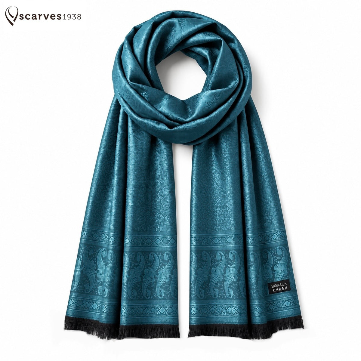 Teal Silk Jacquard Stole with Paisley Details