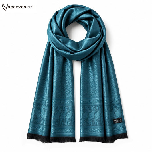 Teal Silk Jacquard Stole with Paisley Details