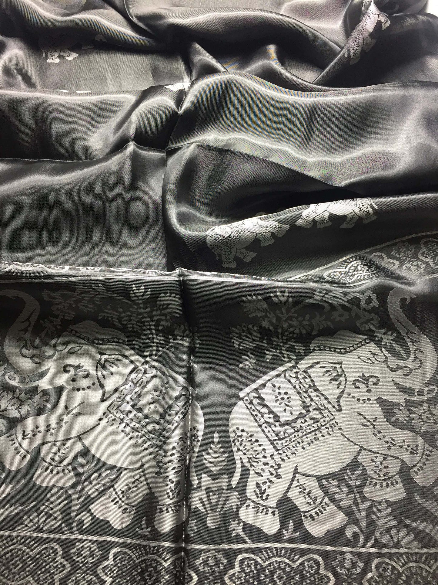Silk Scarf For Her Reversible Black Elephant