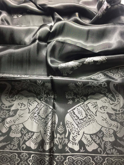 Silk Scarf For Her Reversible Black Elephant