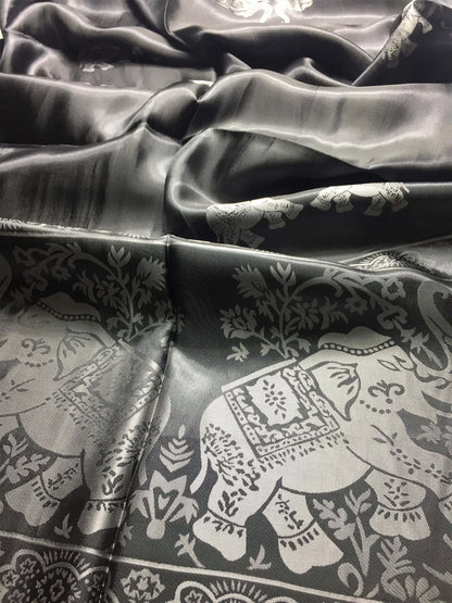 Silk Scarf For Her Reversible Black Elephant