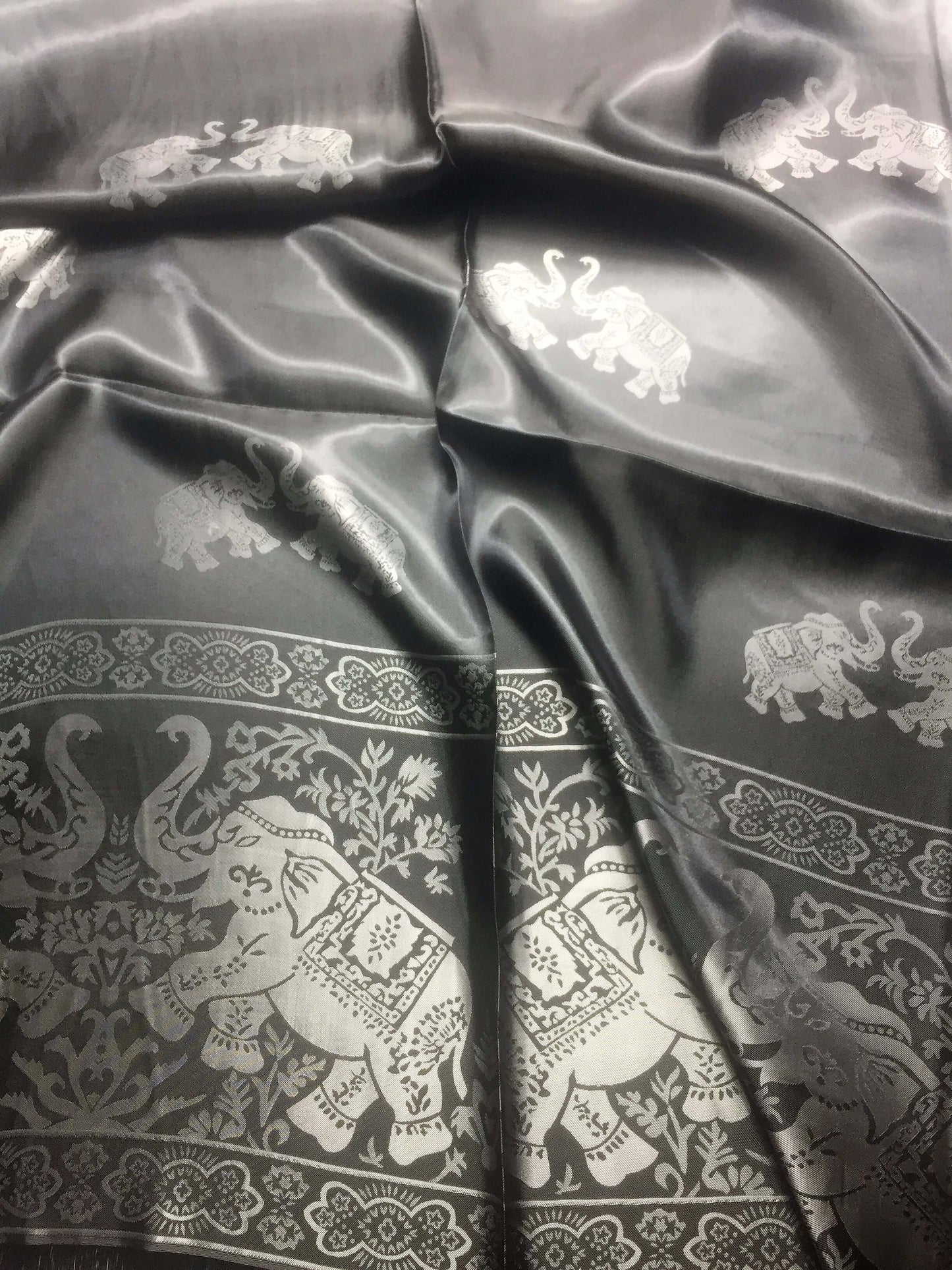 Silk Scarf For Her Reversible Black Elephant