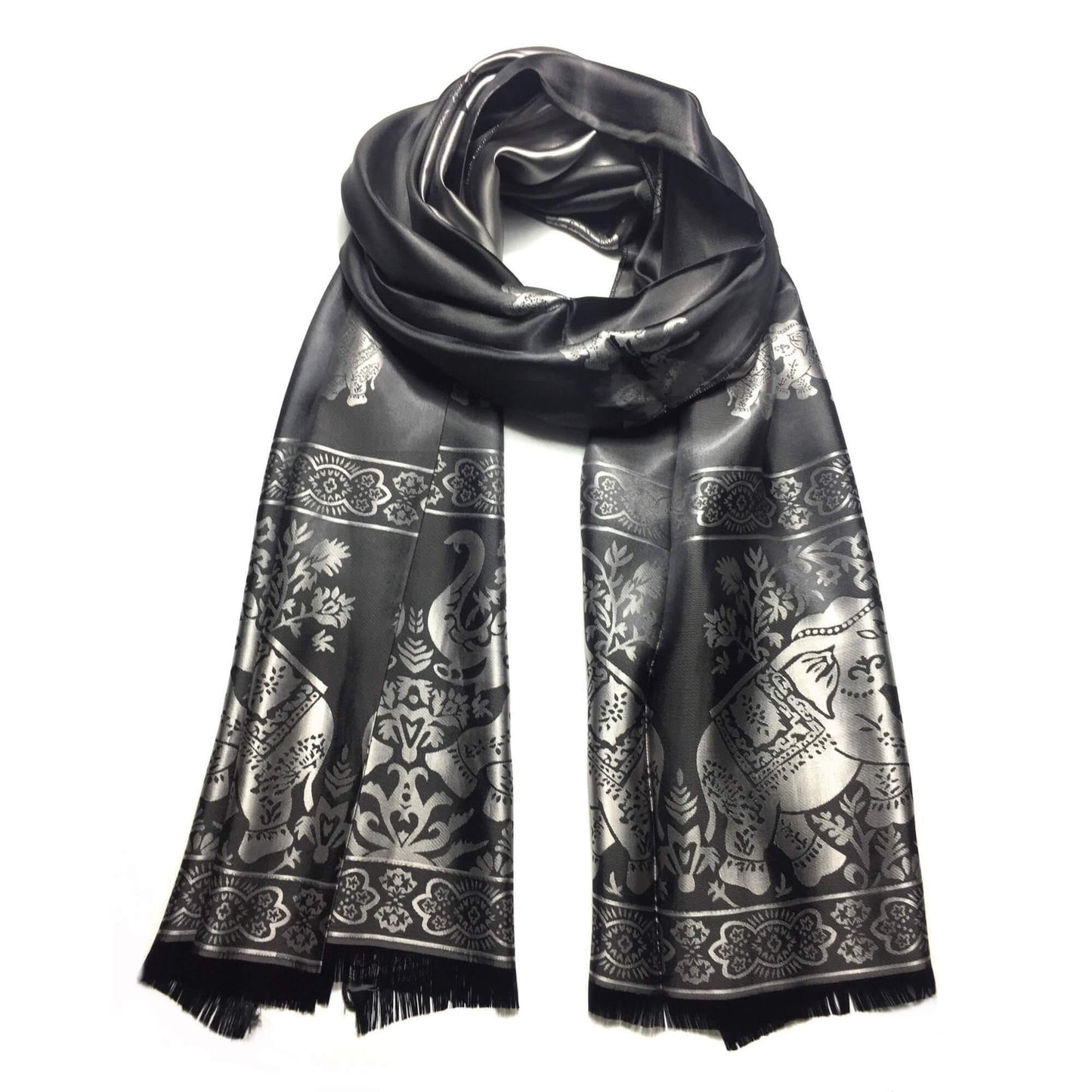 Silk Scarf For Her Reversible Black Elephant