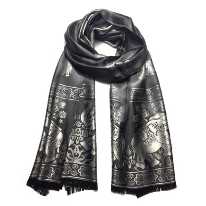 Silk Scarf For Her Reversible Black Elephant
