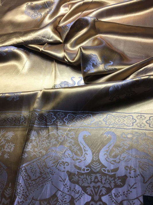 Gold & Silver Silk Scarf with Elephant | Bohemian Shawl | Handmade Gift for Elephant Lovers