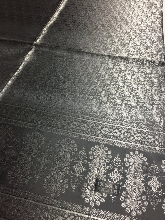 Silver Paisley Silk Scarf - Elegant Reversible Boho Shawl - Unisex Bridal Wrap