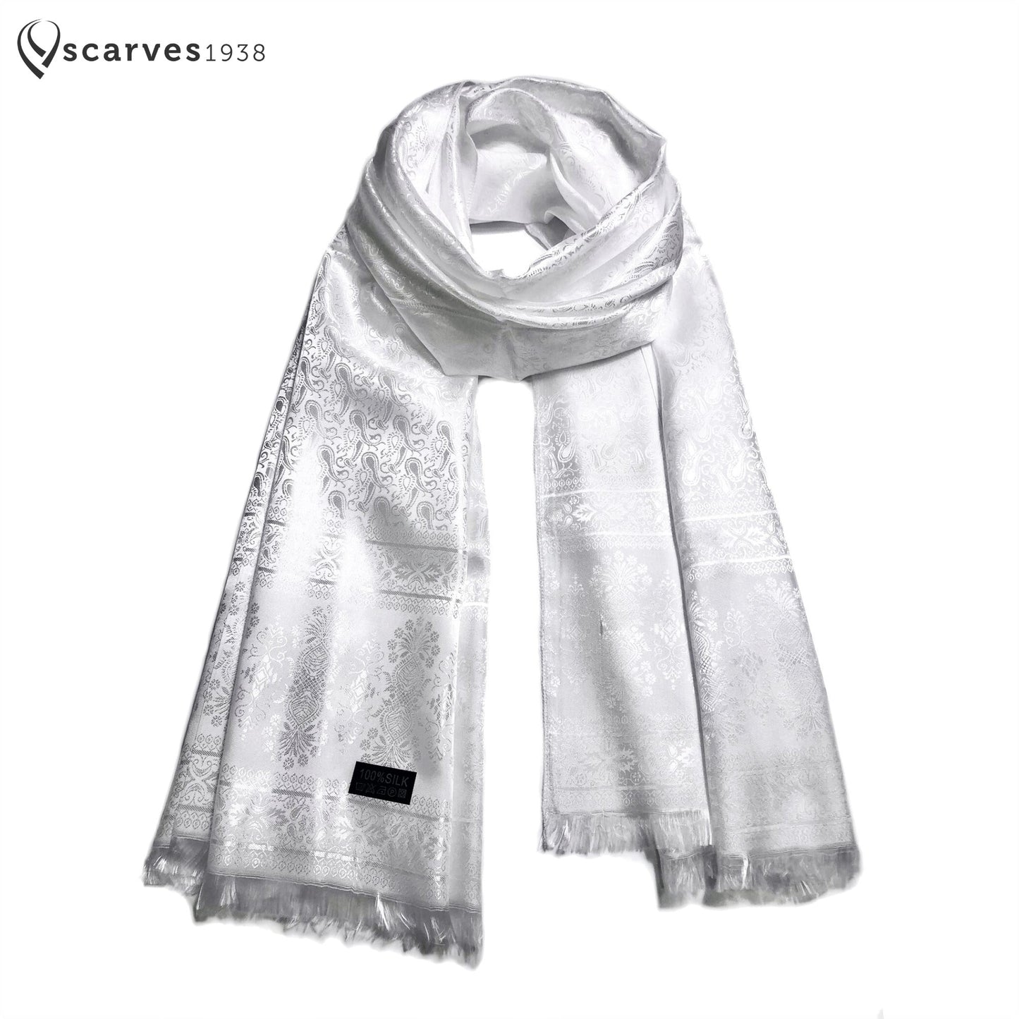 White Silk Scarf For Her Reversible Paisley