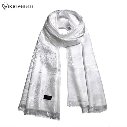 White Silk Scarf For Her Reversible Paisley