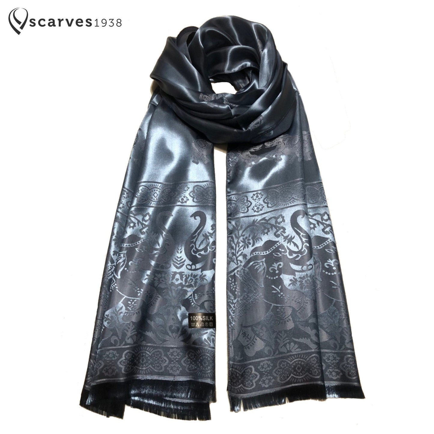 Woman Silk Scarf Blue Gray Elephants Lover