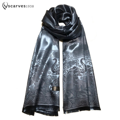 Woman Silk Scarf Blue Gray Elephants Lover