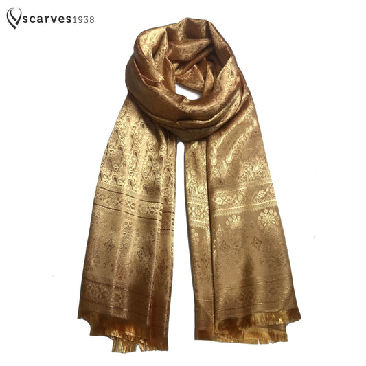 Dark Gold Silk Scarf For Her Paisley