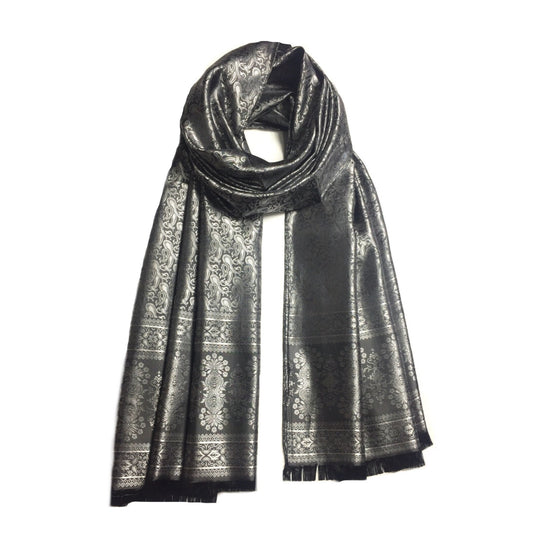 Silver Silk Scarf For Her Reversible Paisley