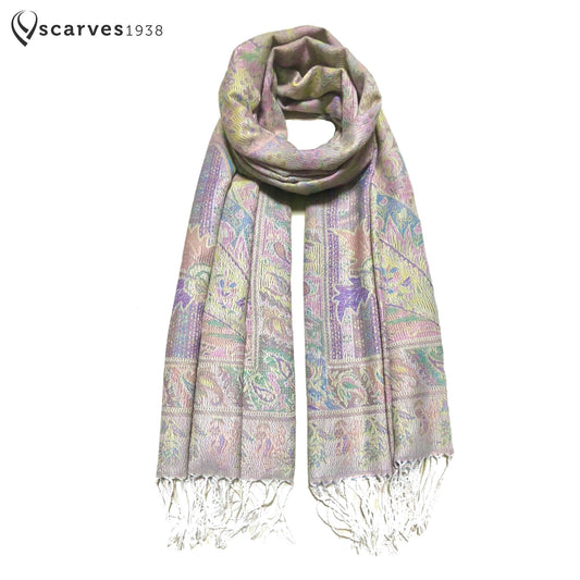 Light Colors Pashmina Scarf Ethnic Paisley Flowers