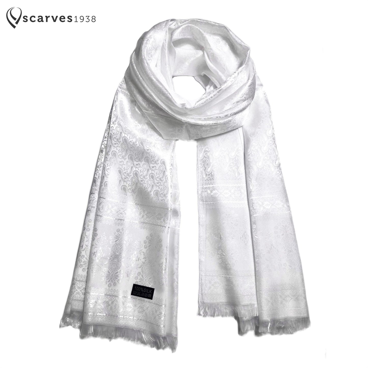 White Silk Scarf For Her Reversible Paisley