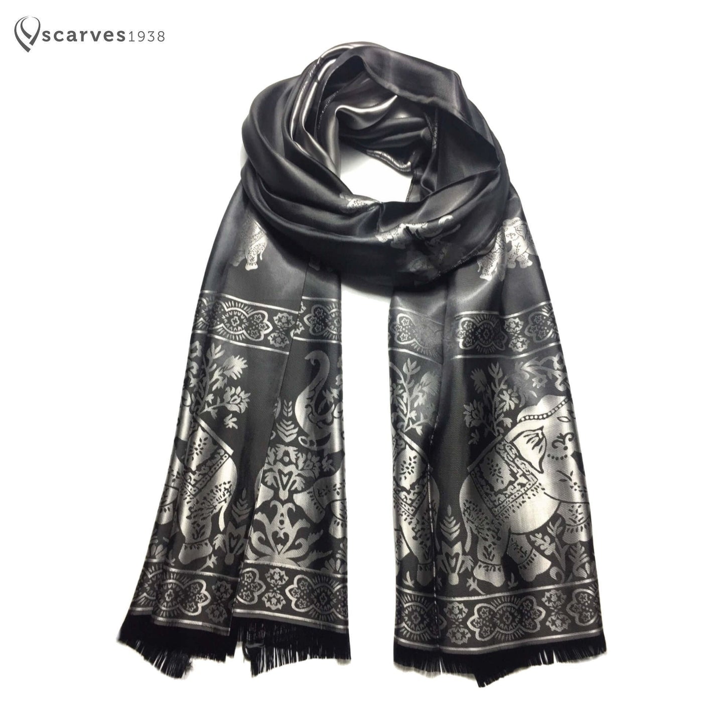Silk Scarf For Her Reversible Black Elephant