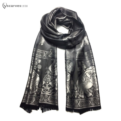 Silk Scarf For Her Reversible Black Elephant