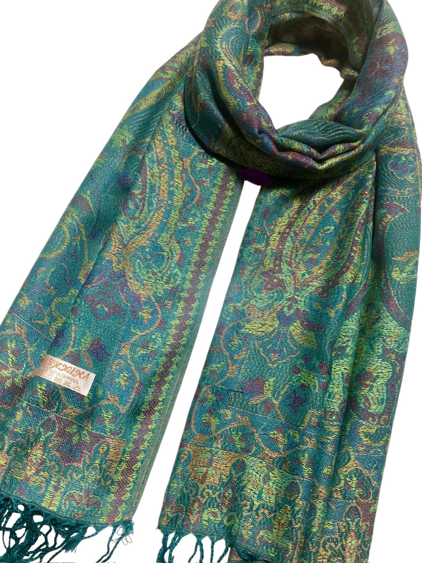 Green Vivid Pashmina Scarf Ethnic Paisley Flowers