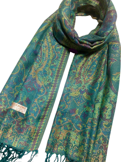 Green Vivid Pashmina Scarf Ethnic Paisley Flowers