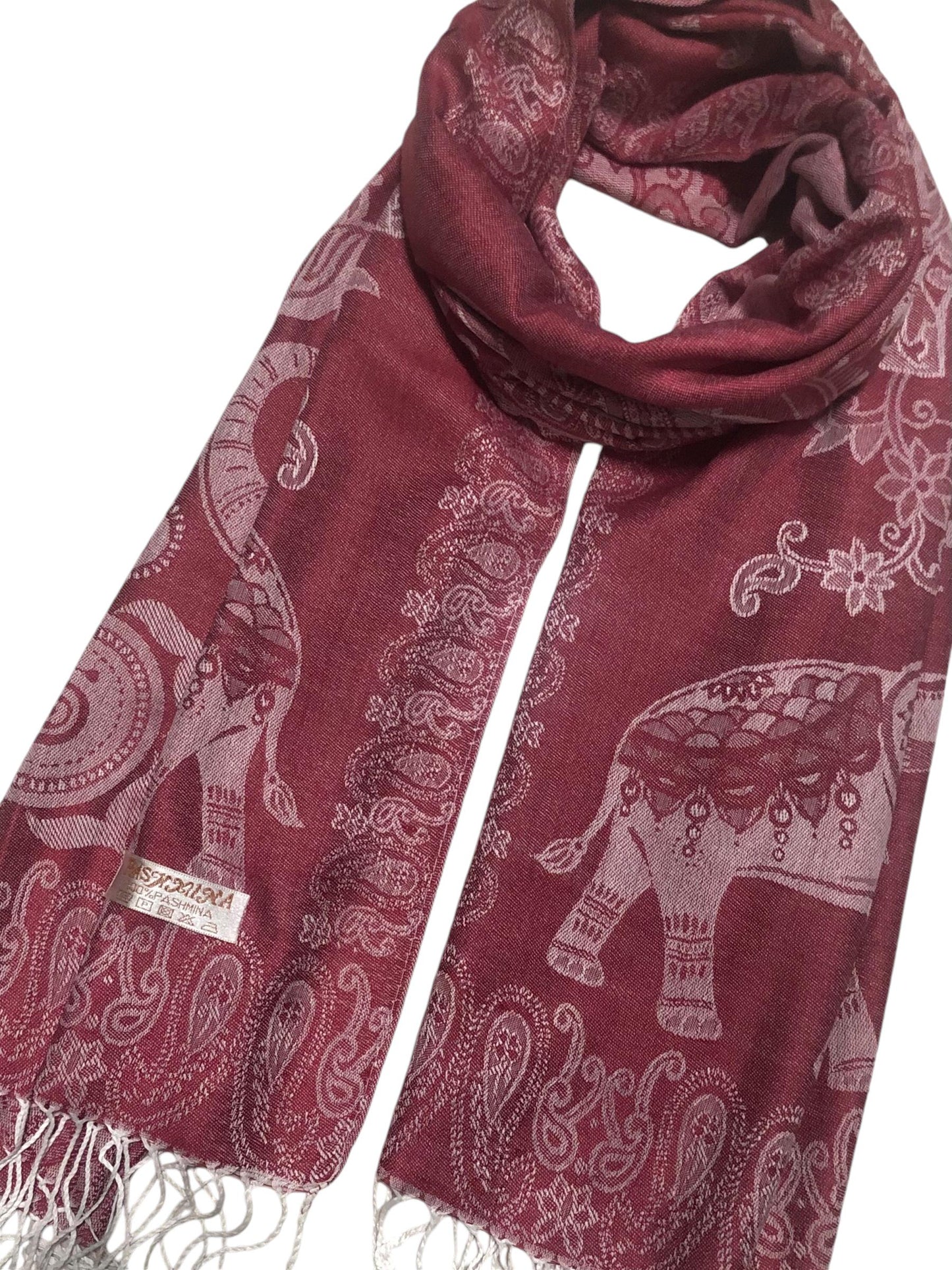 Burgundy Pashmina Elephant Scarf Thailand Tribal Turban