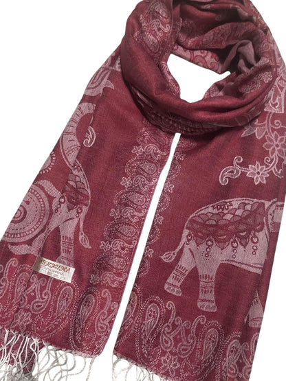 Burgundy Pashmina Elephant Scarf Thailand Tribal Turban