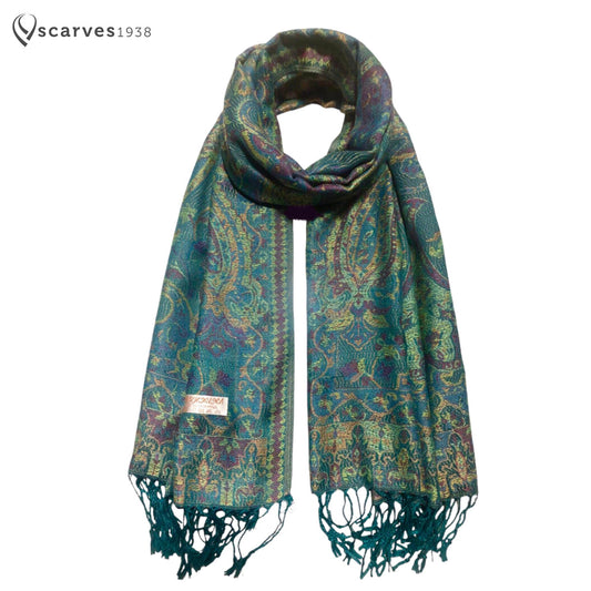 Green Vivid Pashmina Scarf Ethnic Paisley Flowers