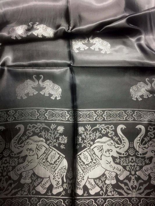 Black Silk Scarf - Gift For Her - Reversible Elephant Shawl