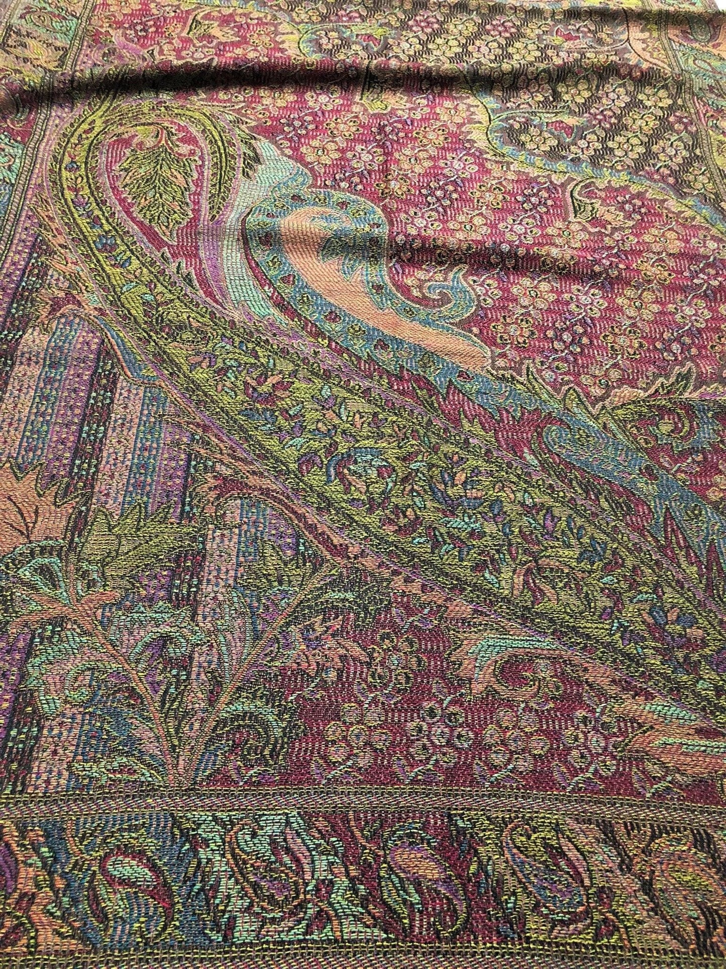 Colorful Pashmina Scarf Black Fringes Ethnic Paisley