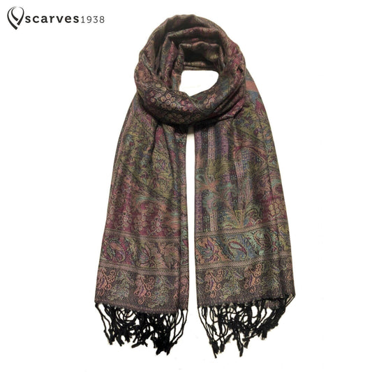 Colorful Pashmina Scarf Black Fringes Ethnic Paisley
