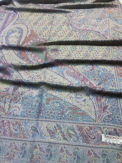 Gray Colorful Pashmina Scarf Ethnic Paisley Flowers