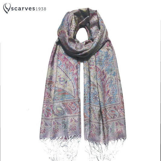 Gray Colorful Pashmina Scarf Ethnic Paisley Flowers