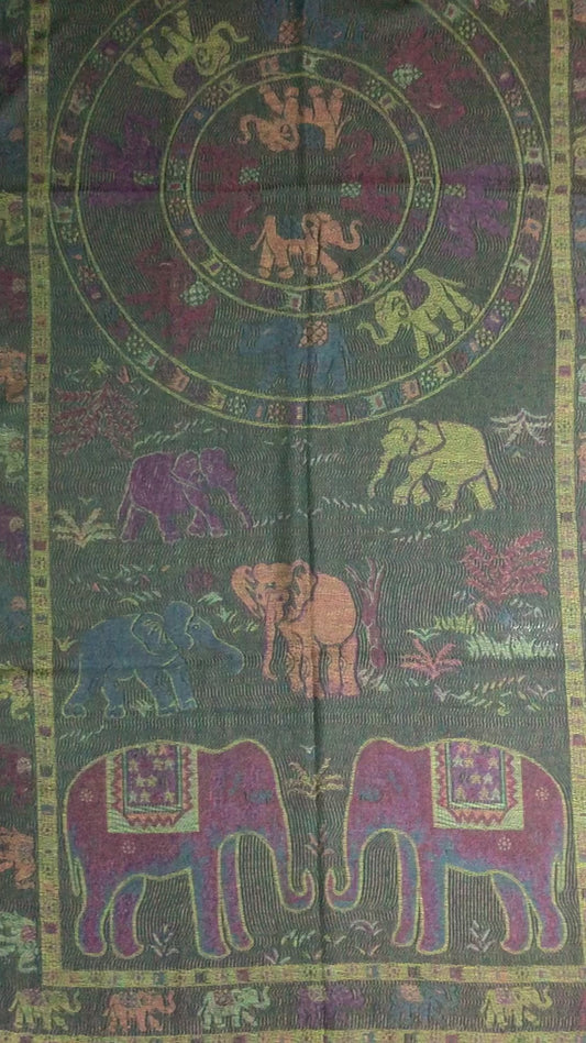 Boho-Chic Reversible Elephant Mandala Jacquard Pashmina Stole - Forest Green⁠
