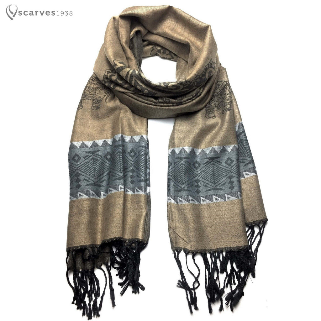 Brown elephants tribal pashmina - scarves1938