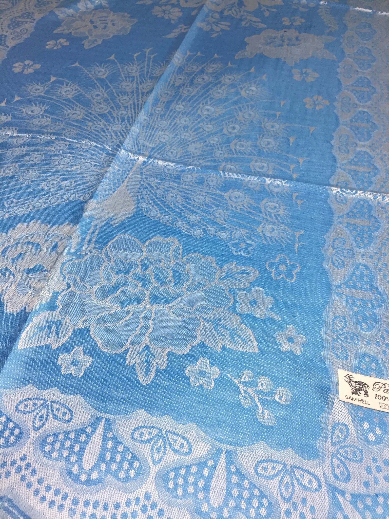 Light blue peafowl art pashmina
