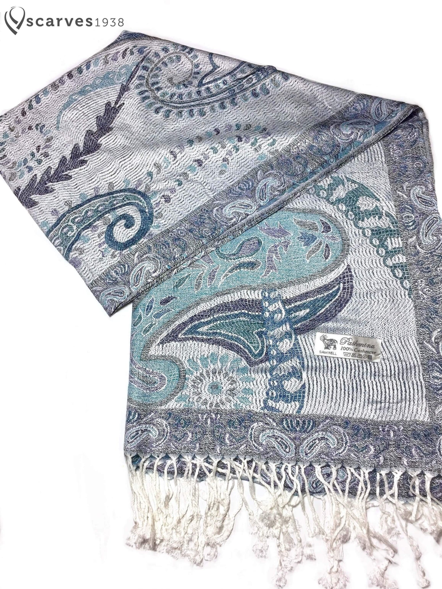 gray and blue paisley pashmina - scarves1938