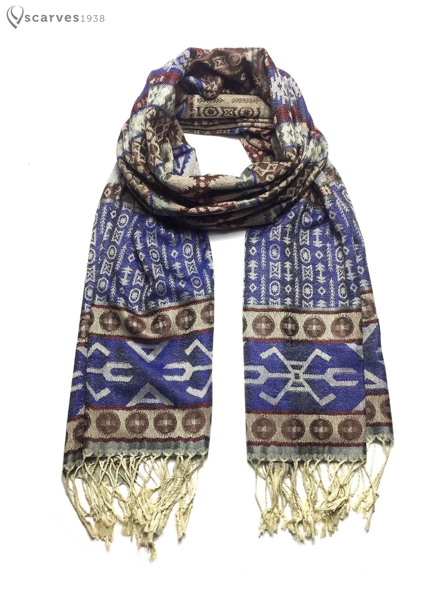 Tribal ethnic blue and brown pashmina - scarves1938