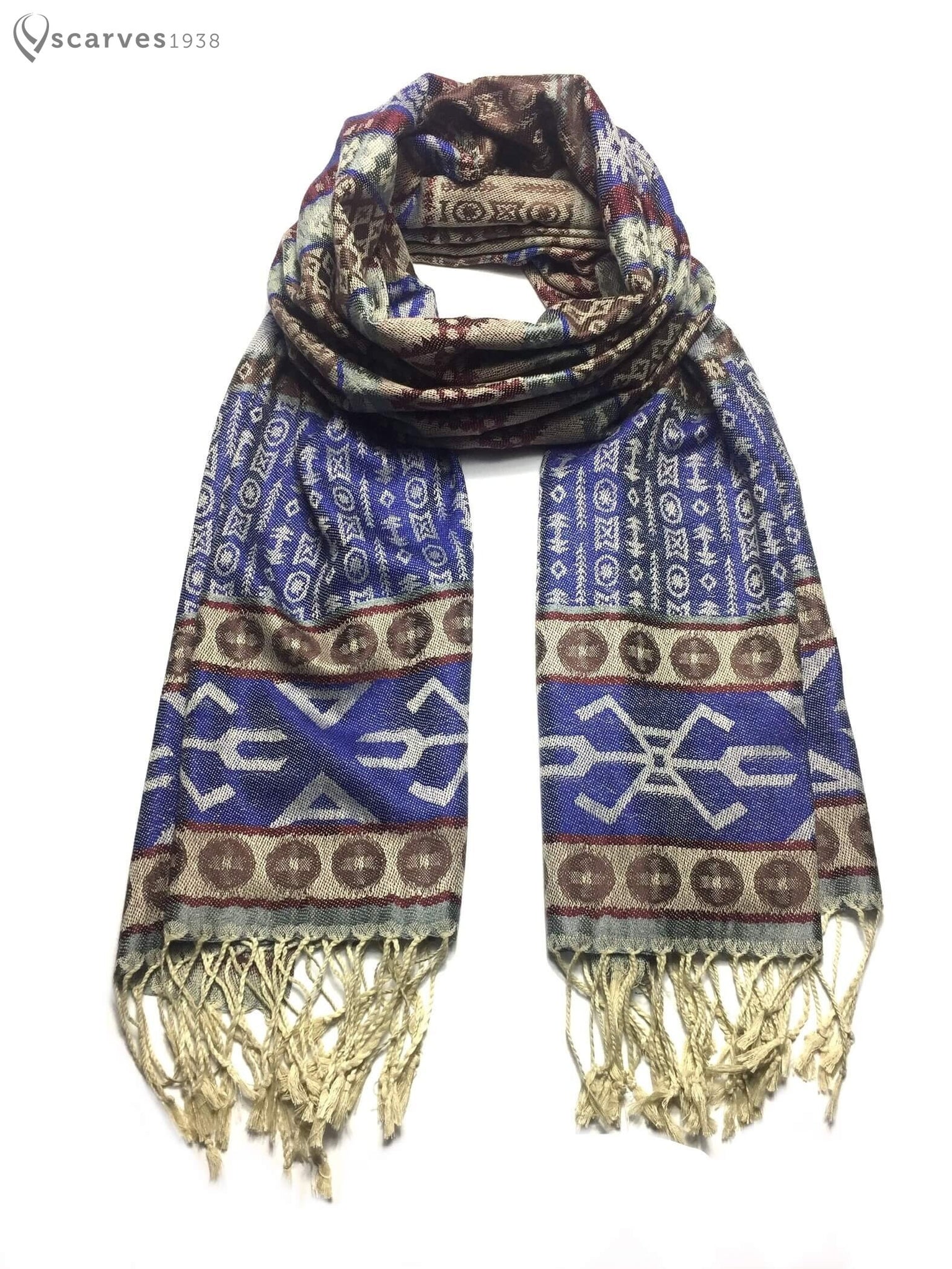 Tribal ethnic blue and brown pashmina - scarves1938